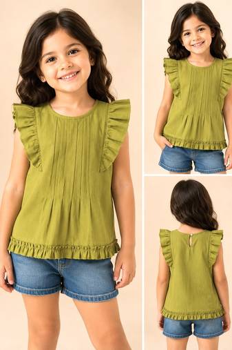 Green cotton plain top for girl