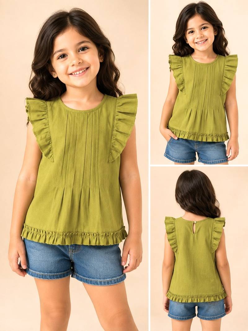 Green cotton plain top for girl