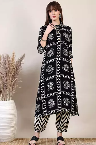 Black rayon geometric printed ethnic kurta palazzo set