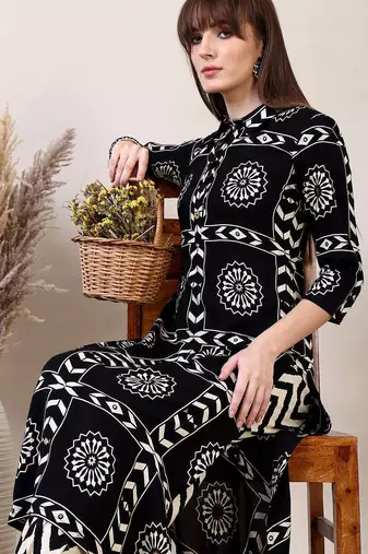 Black rayon geometric printed ethnic kurta palazzo set