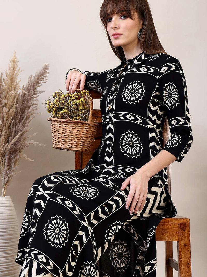 Black rayon geometric printed ethnic kurta palazzo set