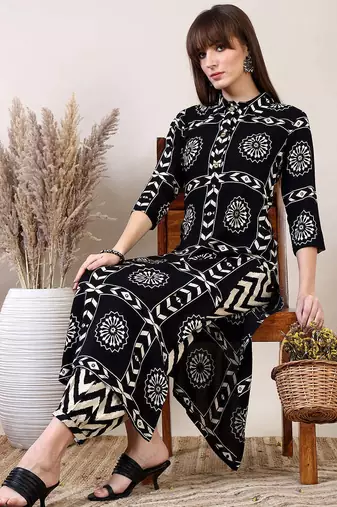 Black rayon geometric printed ethnic kurta palazzo set