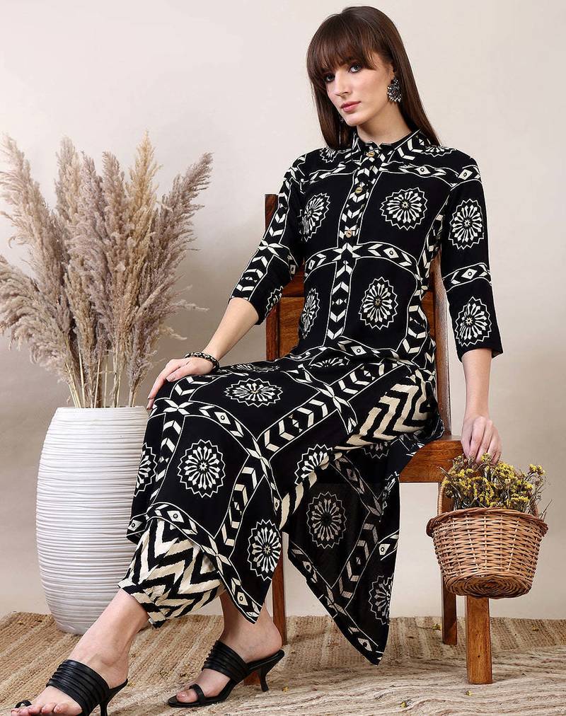 Black rayon geometric printed ethnic kurta palazzo set