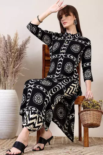 Black rayon geometric printed ethnic kurta palazzo set