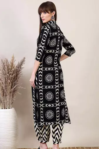 Black rayon geometric printed ethnic kurta palazzo set