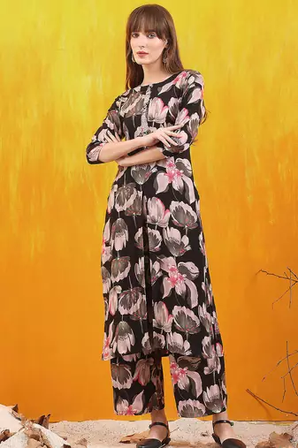 Black rayon floral printed ethnic kurta palazzo set