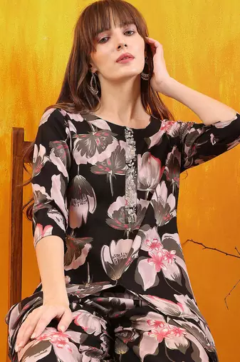 Black rayon floral printed ethnic kurta palazzo set