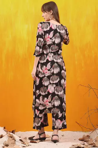 Black rayon floral printed ethnic kurta palazzo set