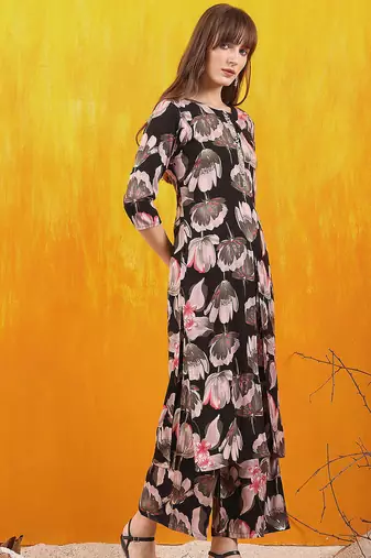 Black rayon floral printed ethnic kurta palazzo set