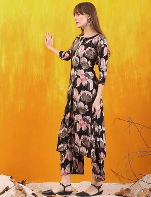 Black rayon floral printed ethnic kurta palazzo set 5