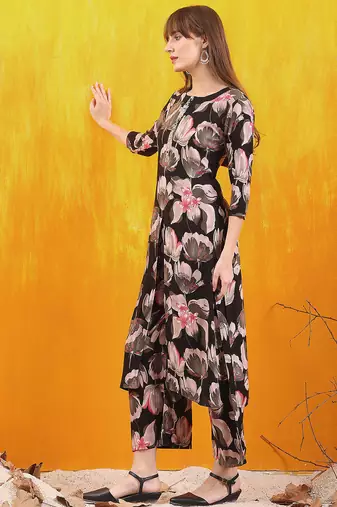 Black rayon floral printed ethnic kurta palazzo set
