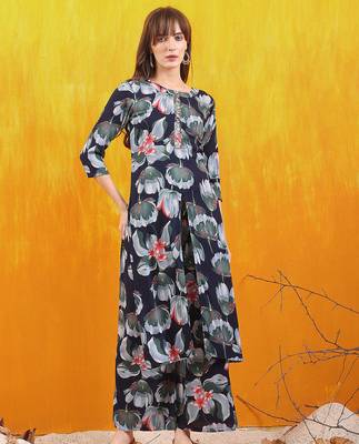 Navy-blue rayon floral printed ethnic kurta palazzo set 1