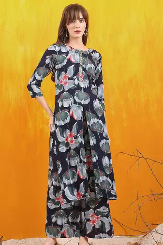 Navy-blue rayon floral printed ethnic kurta palazzo set