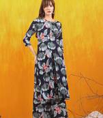Navy-blue rayon floral printed ethnic kurta palazzo set