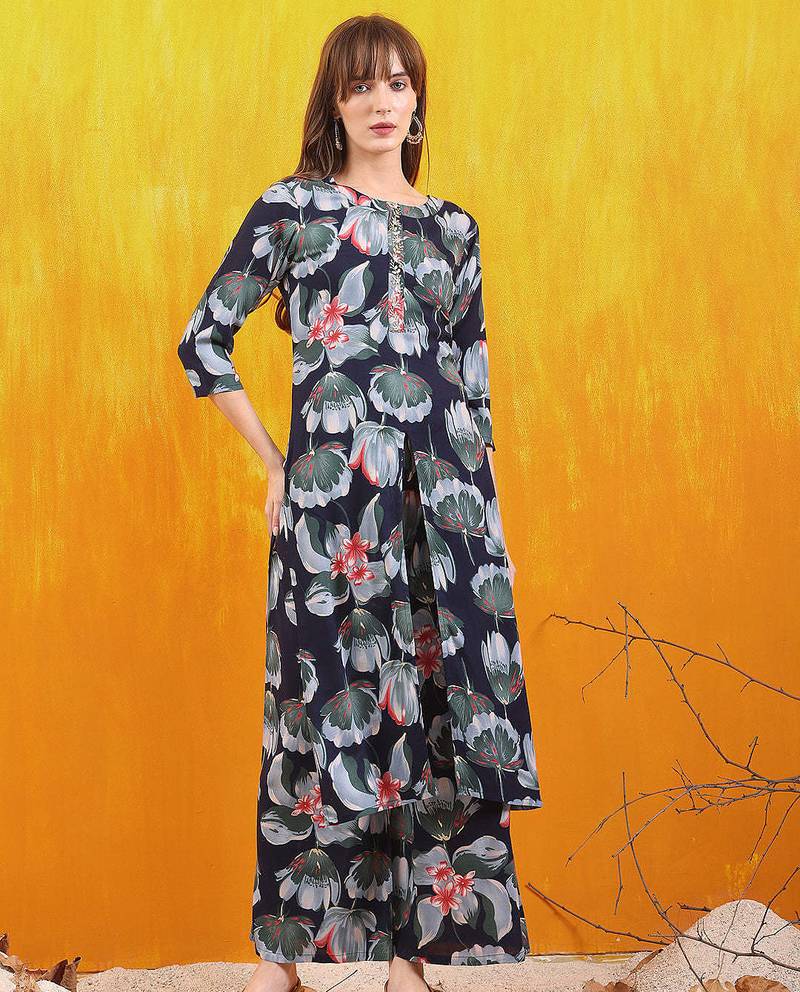 Navy-blue rayon floral printed ethnic kurta palazzo set