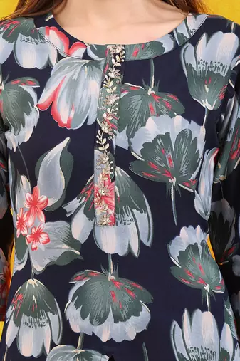 Navy-blue rayon floral printed ethnic kurta palazzo set