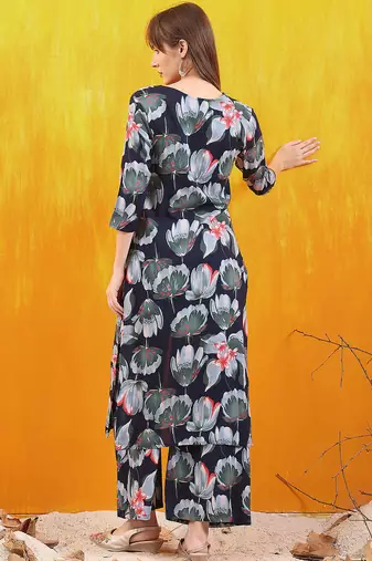 Navy-blue rayon floral printed ethnic kurta palazzo set