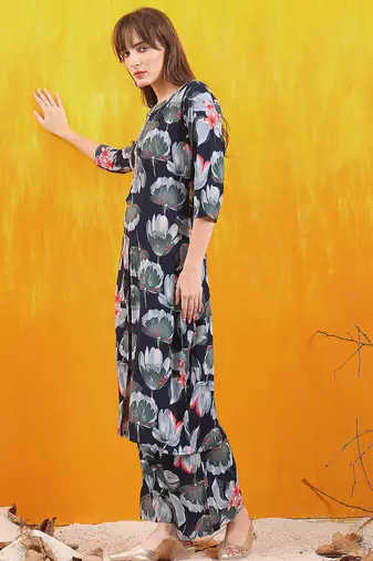 Navy-blue rayon floral printed ethnic kurta palazzo set