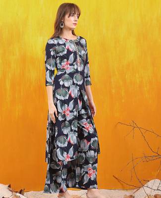 Navy-blue rayon floral printed ethnic kurta palazzo set 5