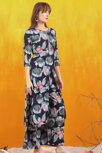 Navy-blue rayon floral printed ethnic kurta palazzo set