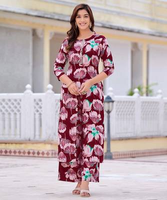 Wine rayon floral printed ethnic kurta palazzo set 1