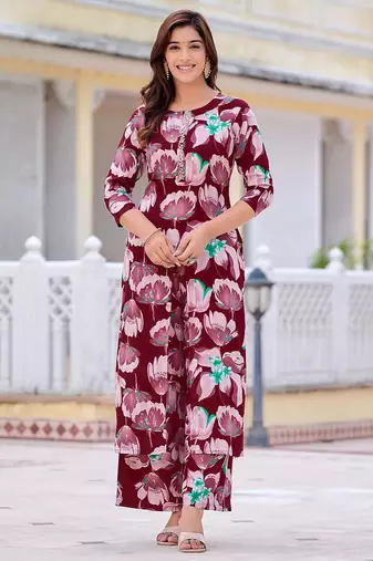 Wine rayon floral printed ethnic kurta palazzo set