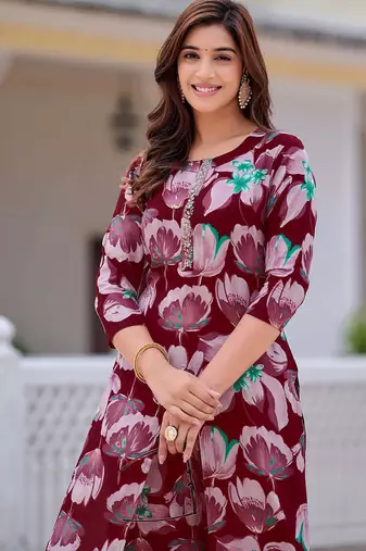 Wine rayon floral printed ethnic kurta palazzo set