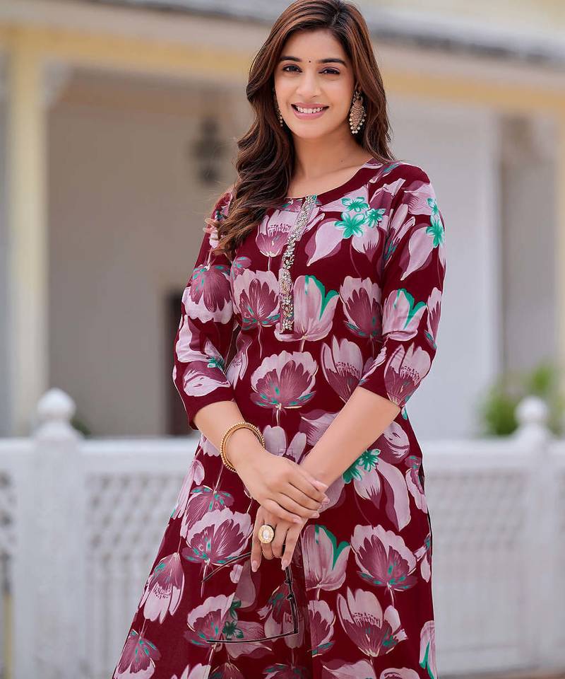Wine rayon floral printed ethnic kurta palazzo set