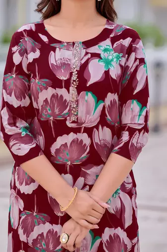 Wine rayon floral printed ethnic kurta palazzo set