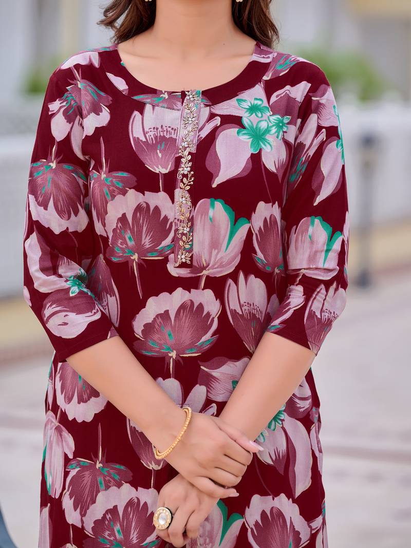 Wine rayon floral printed ethnic kurta palazzo set