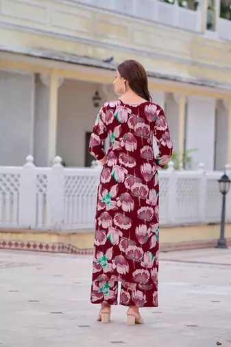 Wine rayon floral printed ethnic kurta palazzo set