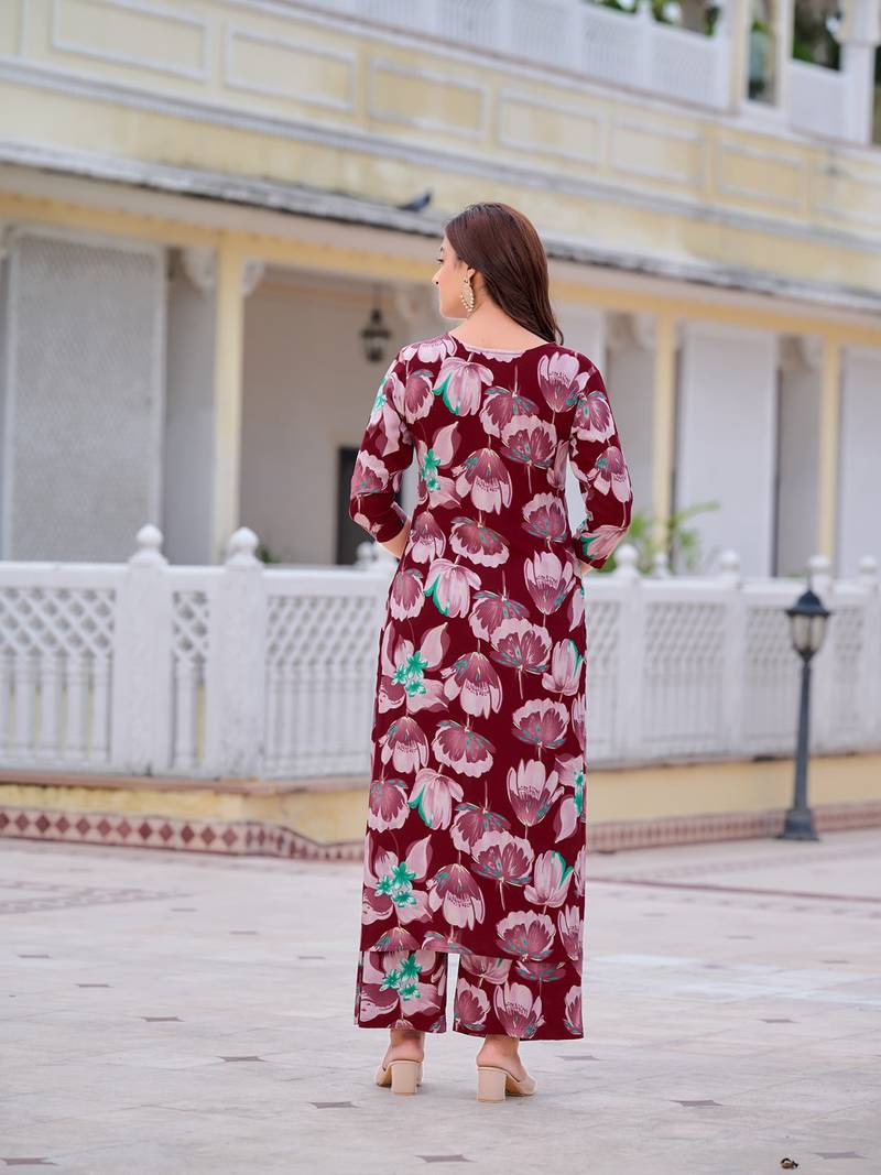 Wine rayon floral printed ethnic kurta palazzo set