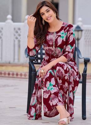 Wine rayon floral printed ethnic kurta palazzo set 5