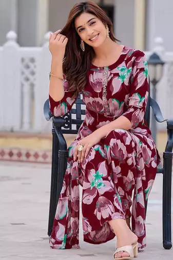 Wine rayon floral printed ethnic kurta palazzo set