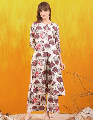 Off-white rayon floral printed ethnic kurta palazzo set 1