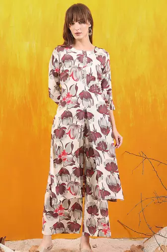 Off-white rayon floral printed ethnic kurta palazzo set