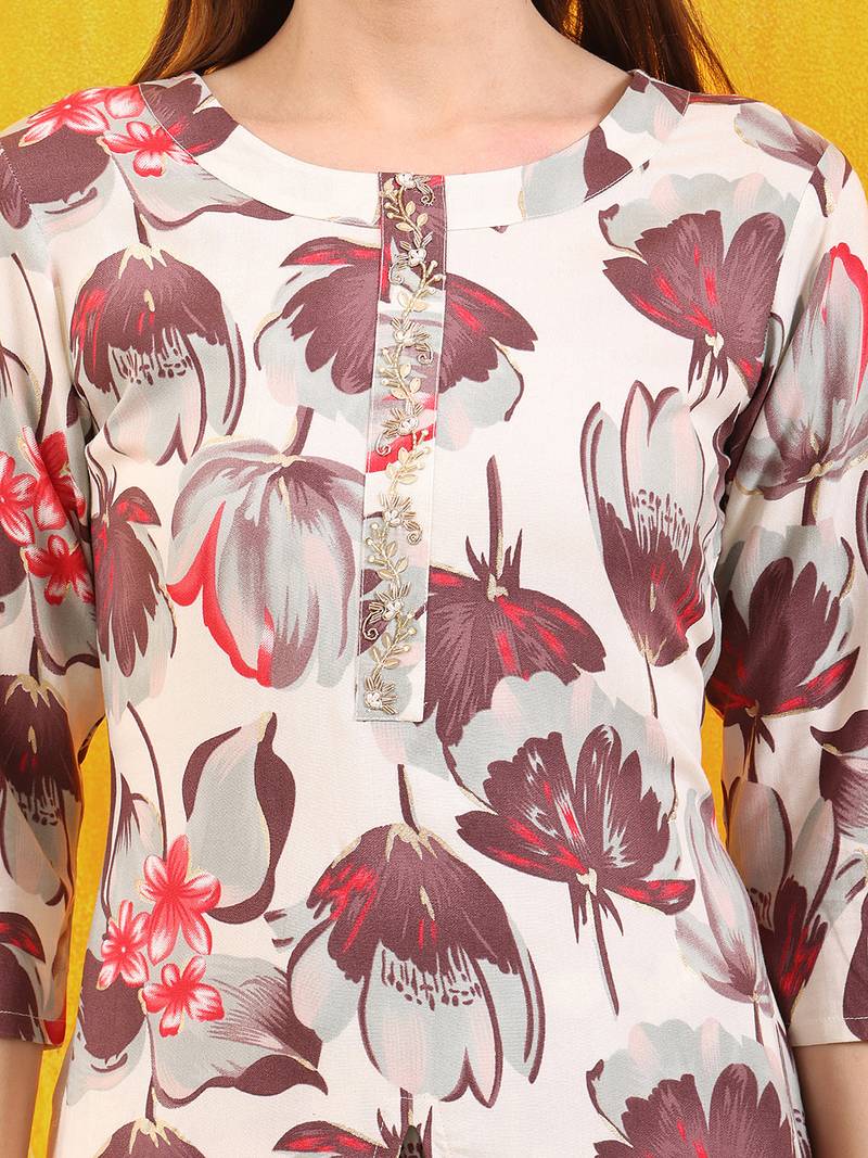 Off-white rayon floral printed ethnic kurta palazzo set