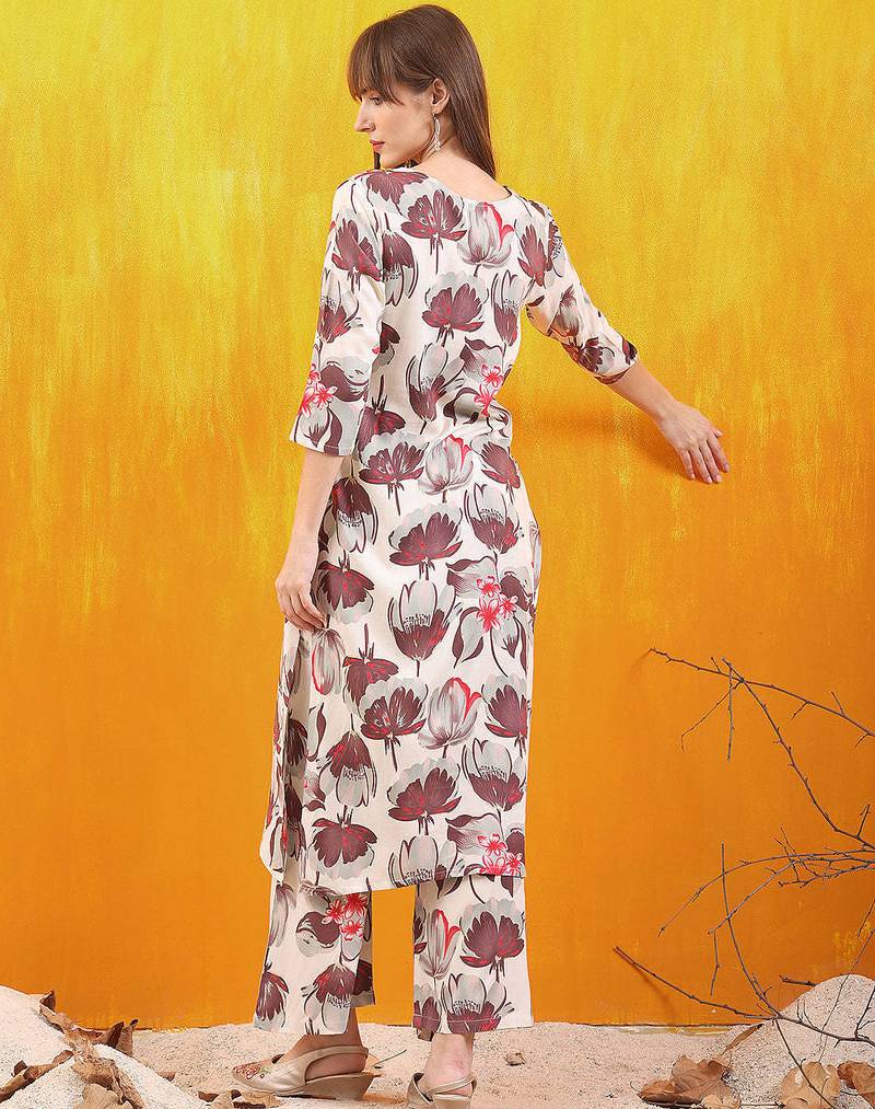 Off-white rayon floral printed ethnic kurta palazzo set