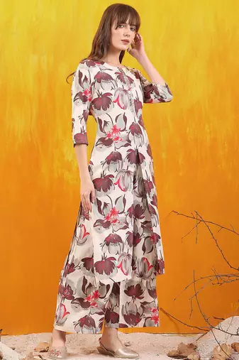 Off-white rayon floral printed ethnic kurta palazzo set