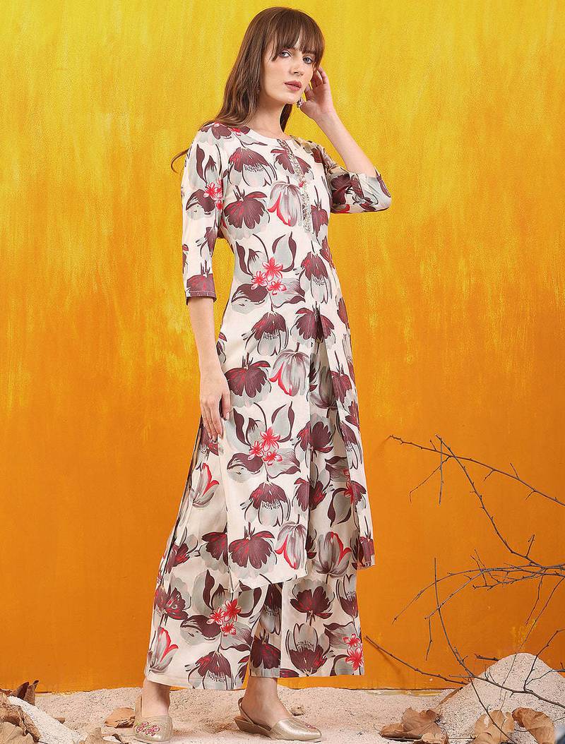 Off-white rayon floral printed ethnic kurta palazzo set