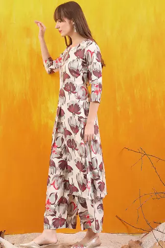 Off-white rayon floral printed ethnic kurta palazzo set