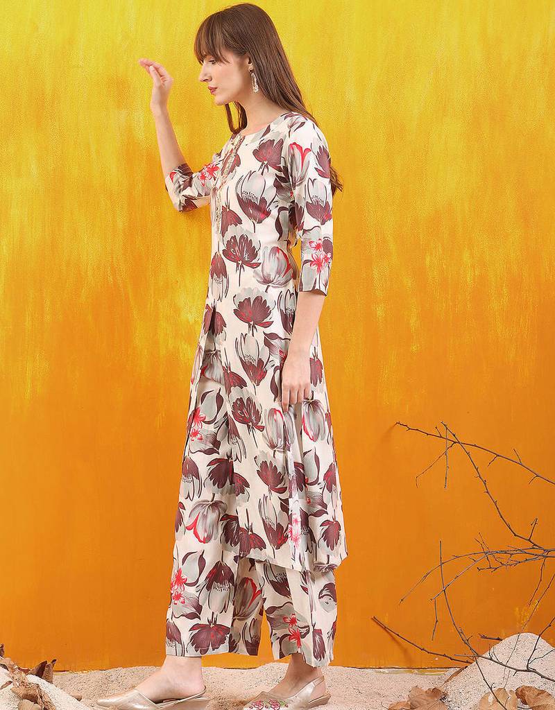 Off-white rayon floral printed ethnic kurta palazzo set