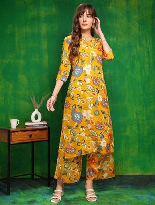Yellow rayon floral printed ethnic kurta palazzo set 1