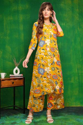 Yellow rayon floral printed ethnic kurta palazzo set