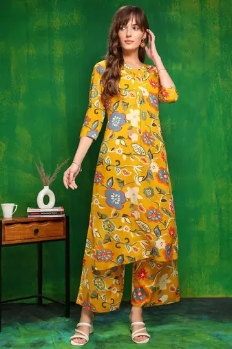 Yellow rayon floral printed ethnic kurta palazzo set