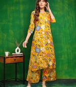 Yellow rayon floral printed ethnic kurta palazzo set