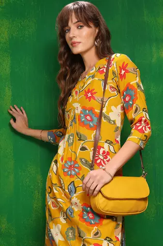 Yellow rayon floral printed ethnic kurta palazzo set
