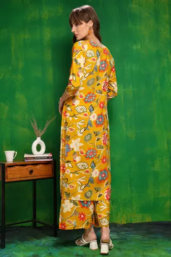 Yellow rayon floral printed ethnic kurta palazzo set