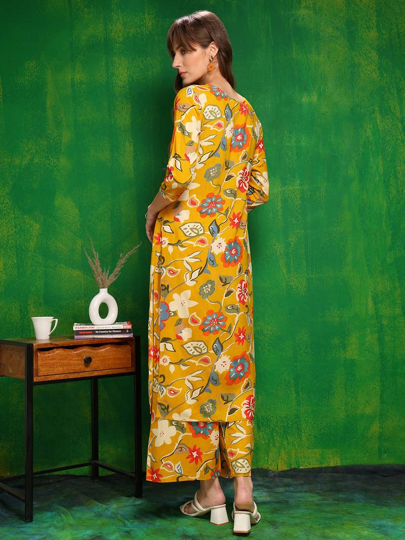Yellow rayon floral printed ethnic kurta palazzo set