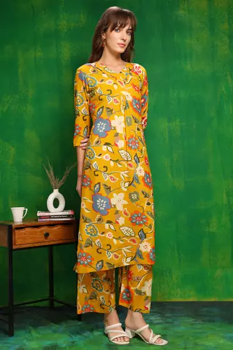Yellow rayon floral printed ethnic kurta palazzo set